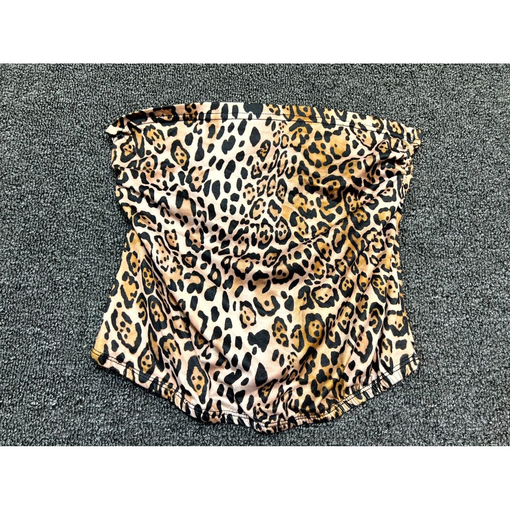 ROMWE Bandeau Top Women 2 Brown Animal Print Ruched Summer Asymmetric Curved Hem